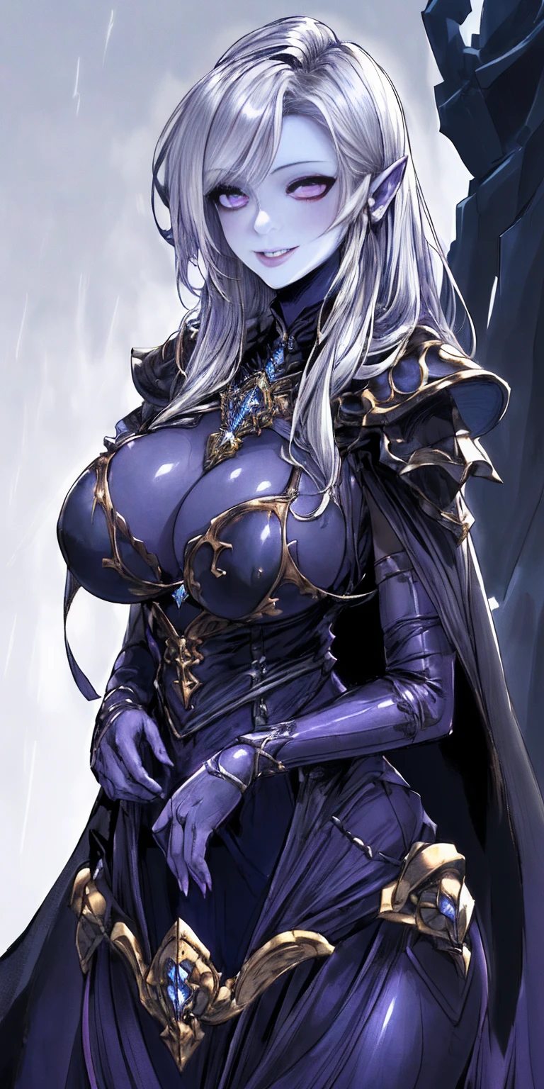 (Female chest covered)(smile) Gray skin, pale golden hair and violet eyes. She prefers clothing of white and silver with cloaks of deep blue or purple, village background, huge_knockers ((very precise detailed)) ((highres)