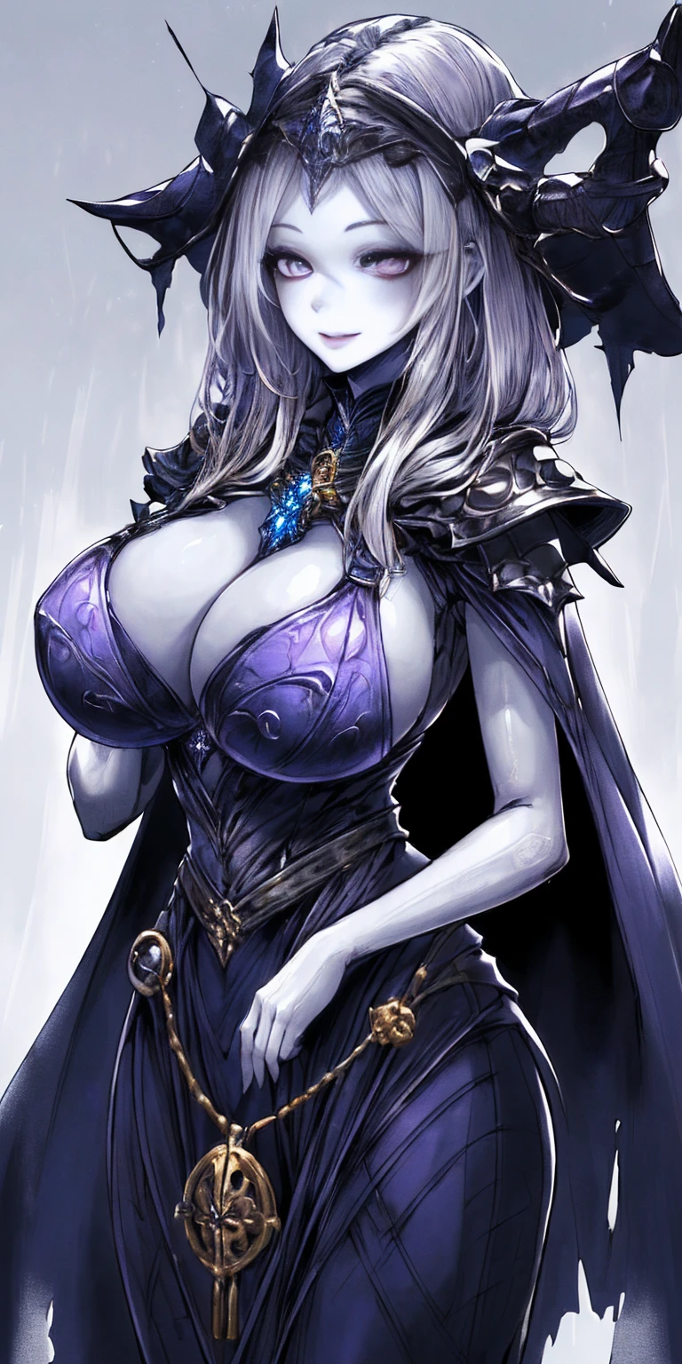(Female chest covered)(smile) Gray skin, pale golden hair and violet eyes. She prefers clothing of white and silver with cloaks of deep blue or purple, village background, huge_knockers ((very precise detailed)) ((highres)