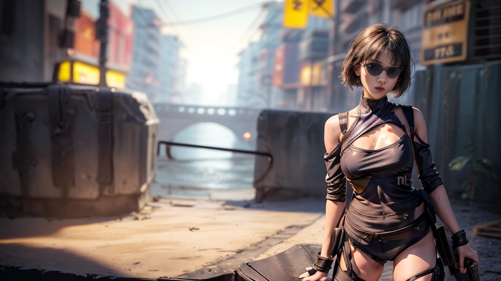 8K, Realistic Skin Texture, Realistic Photo, (((((1 slim western women, solo))))), large-breast:1.4 cleavage:1.3, AD2050 at night, wearing tube top, miniskirt, (((black sunglasses, automatic rifle, sneakers, cold, standing and shooting pose))), (((((((half-body (((thigh level))) medium:1.3 shot))))))), innovative composition, revenge, aerial view of military base, blade runner worldview, large neon sign.