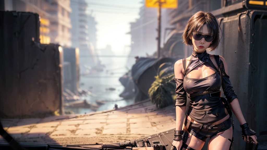 8K, Realistic Skin Texture, Realistic Photo, (((((1 slim western women, solo))))), large-breast:1.4 cleavage:1.3, AD2050 at night, wearing tube top, miniskirt, (((black sunglasses, automatic rifle, sneakers, cold, standing and shooting pose))), (((((((half-body (((thigh level))) medium:1.3 shot))))))), innovative composition, revenge, aerial view of military base, blade runner worldview, large neon sign.