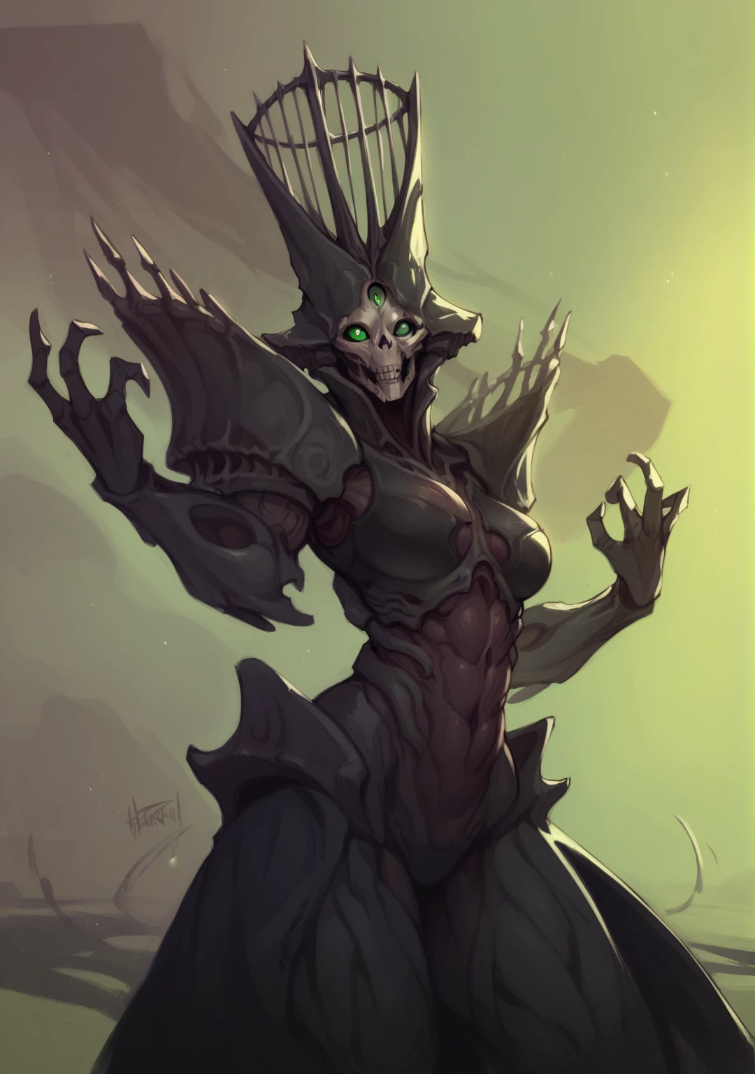 A tall alien woman with three green eyes, skull face, biomechanical