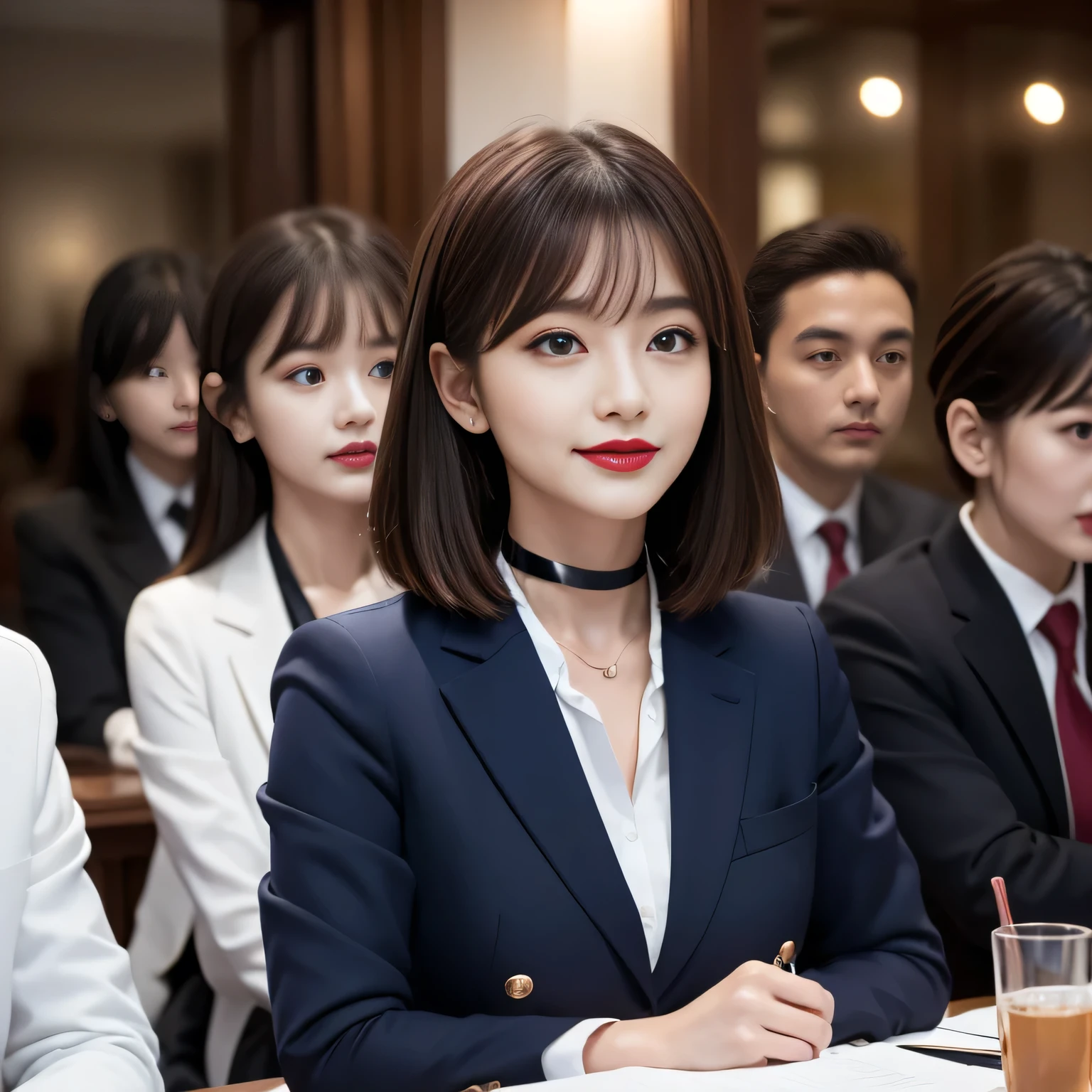 ((Highest quality, 8K, Representative works in detail, Ultra-high resolution)), (Looking at the audience), ((グラススクエアで話すFemale Employees)), Attractive woman, ((Big Breasts)), smile, ((Black Choker)), Slim figure, (blue eyes), Long eyelashes, bangs, Beautiful shiny brown hair, Nogizaka idol, Slim face、((suit,uniform))、Dependents、Female Employees、((In a meeting))、Bright red lipstick、Elegant woman,Noble