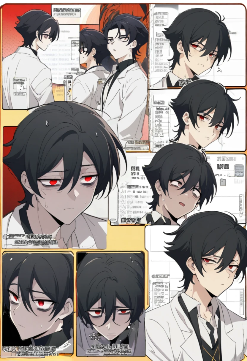 A order skinny male sit back black hair snow white skin red eyes snuggling expression wearing a lab coat bags under his eyes character sheet. Manhwa style.