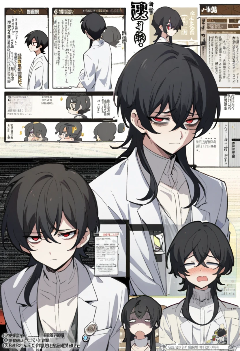 A order skinny male sit back black hair snow white skin red eyes snuggling expression wearing a lab coat bags under his eyes character sheet. Manhwa style.