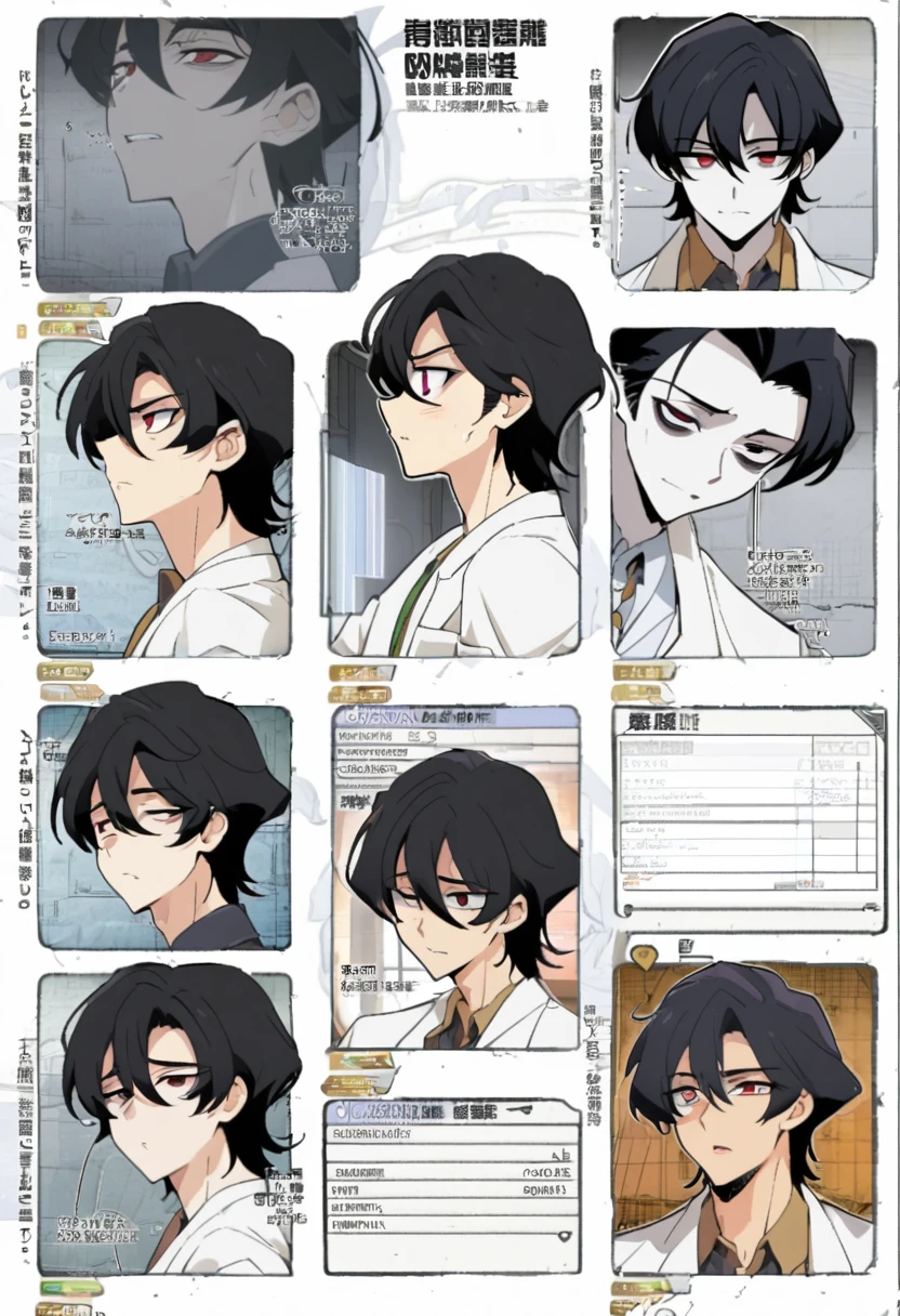 A order skinny male sit back black hair snow white skin red eyes snuggling expression wearing a lab coat bags under his eyes character sheet. Manhwa style.