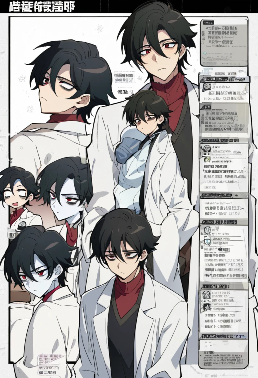 A order skinny male sit back black hair snow white skin red eyes snuggling expression wearing a lab coat bags under his eyes character sheet. Manhwa style.