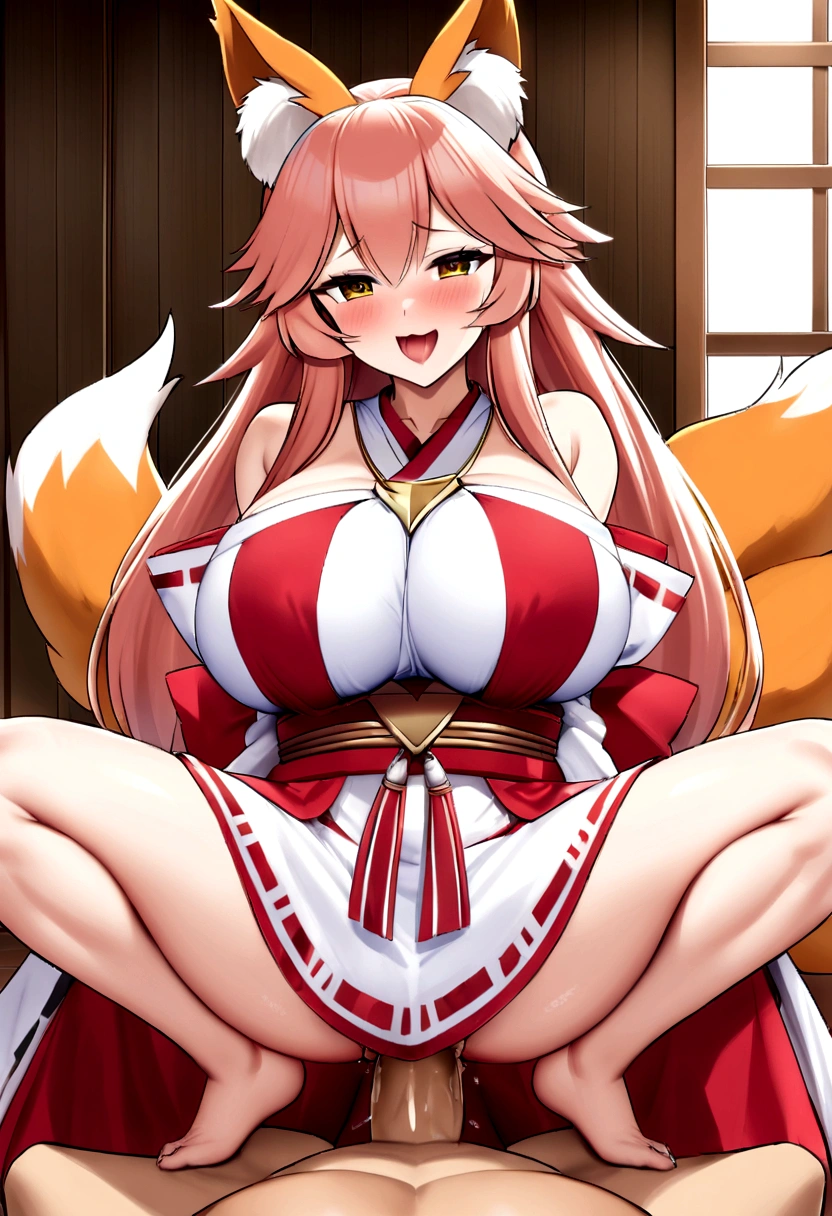 nine tailed fox、Demon Fox、Tamamo-mae、blonde、blondeロング、long hair、Princess Cut、princess cut、Miko costume、shrine maiden costume、big breasts、big breasts、One person with outstanding style、1 person only、Poop、squatting position、SEX