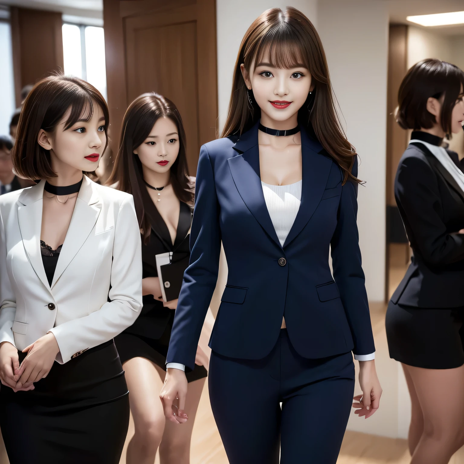 ((Highest quality, 8K, Representative works in detail, Ultra-high resolution)), (Looking at the audience), ((グラススクエアで話すFemale Employees)), Attractive woman, ((Big Breasts)), smile, ((Black Choker)), Slim figure, (blue eyes), Long eyelashes, bangs, Beautiful shiny brown hair, Nogizaka idol, Slim face、((suit,uniform))、Dependents、Female Employees、((In a meeting))、Bright red lipstick、Elegant woman,Noble