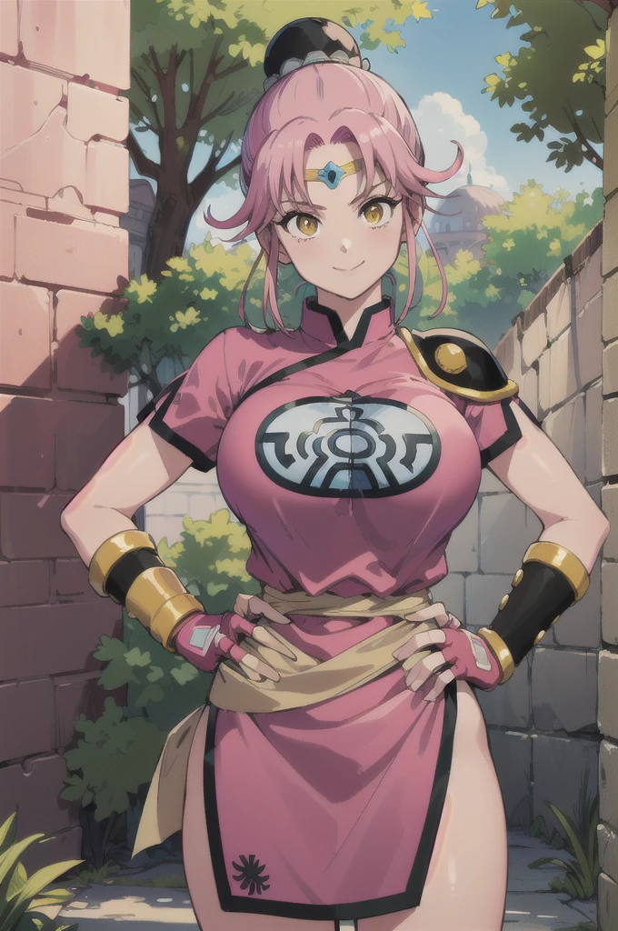 ((masterpiece, best quality:1.1), maam, dragon quest, 1girl, solo, big breasts, fingerless gloves, pink gloves, fingerless gloves, pink gloves, chinese clothes, red dress, ribbon, long pink hair, yellow eyes, Big Breasts:1.6, parted bang, bun cover, smile, hand on hip, coliseum