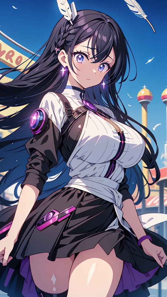 best quality, extremely detailed, anime style adult 1girl, long hair down to the waist, straight hair, ((dark black hair with bluish)),crown braid,beautiful detailed eyes, pinched eyes, dark blue eyes, huge breasts,curvy,(((white main black cyberpunk and magical dress))),longskirt,((feather accessory)),magical girl,light smile,((amusement park)),animation cap,animated gif,in precure style