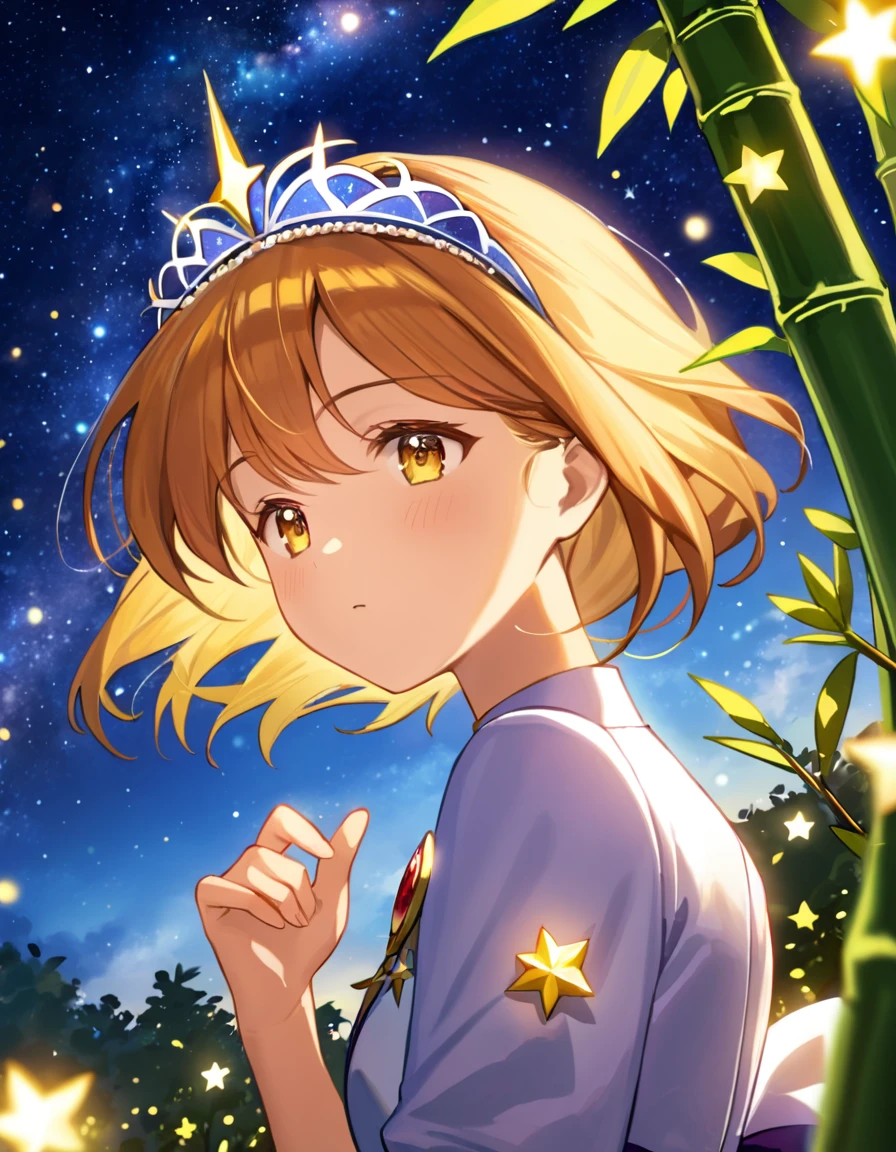 dynamic angle, (close up face), On the night of Tanabata, a girl is making a wish under a bamboo tree. Suddenly, the tanzaku in her hand begins to glow, and she transforms into a magical girl. Her dress shines like the stars, and a dazzling star-shaped tiara glows on her head. She soars high into the sky, fighting for world peace against the backdrop of the starry sky.