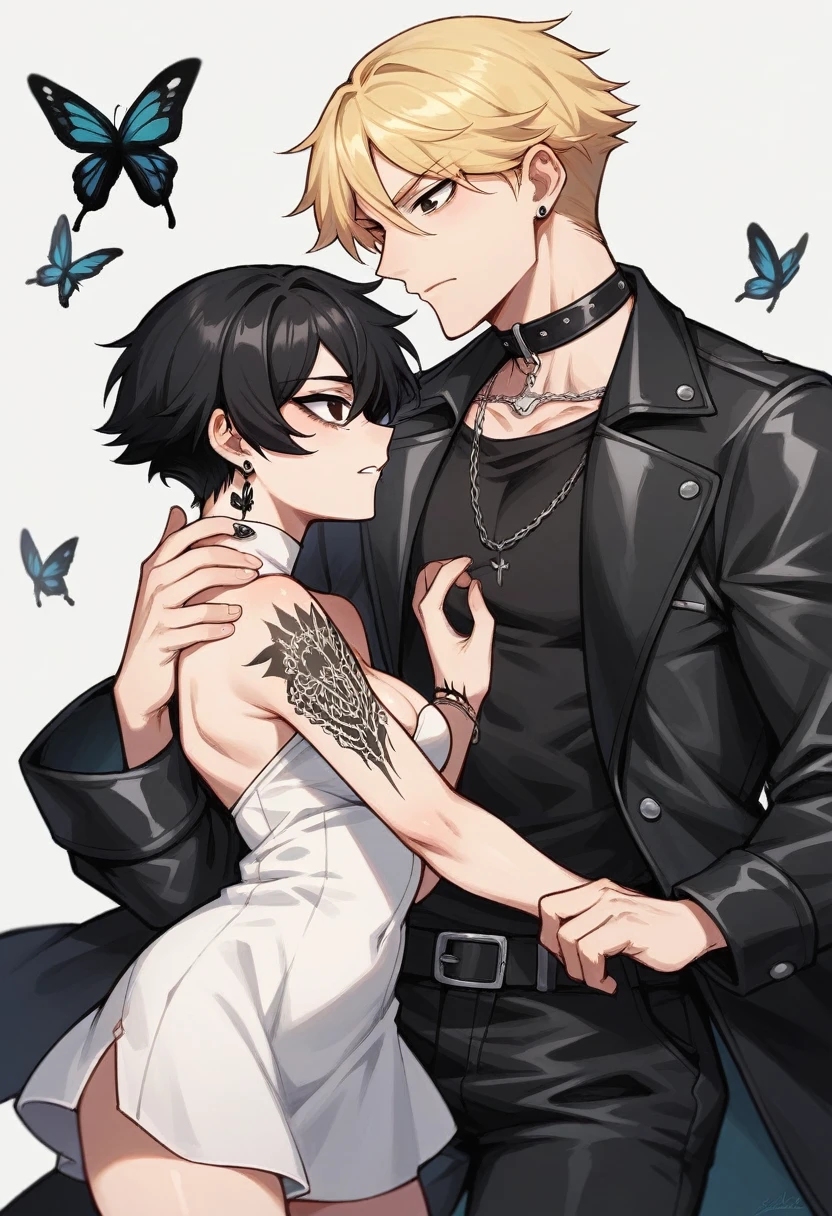 1 blonde girl with dark eyes wearing a short white dress, has a tattoo on her neck of a black butterfly She is with a boy with black hair and black eyes, tatuados, and wearing black clothes with a leather jacket, he is holding a black mask in his hand