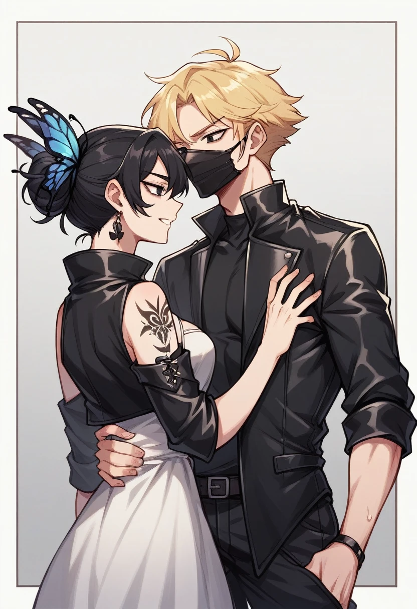 1 blonde girl with dark eyes wearing a short white dress, has a tattoo on her neck of a black butterfly She is with a boy with black hair and black eyes, tatuados, and wearing black clothes with a leather jacket, he is holding a black mask in his hand