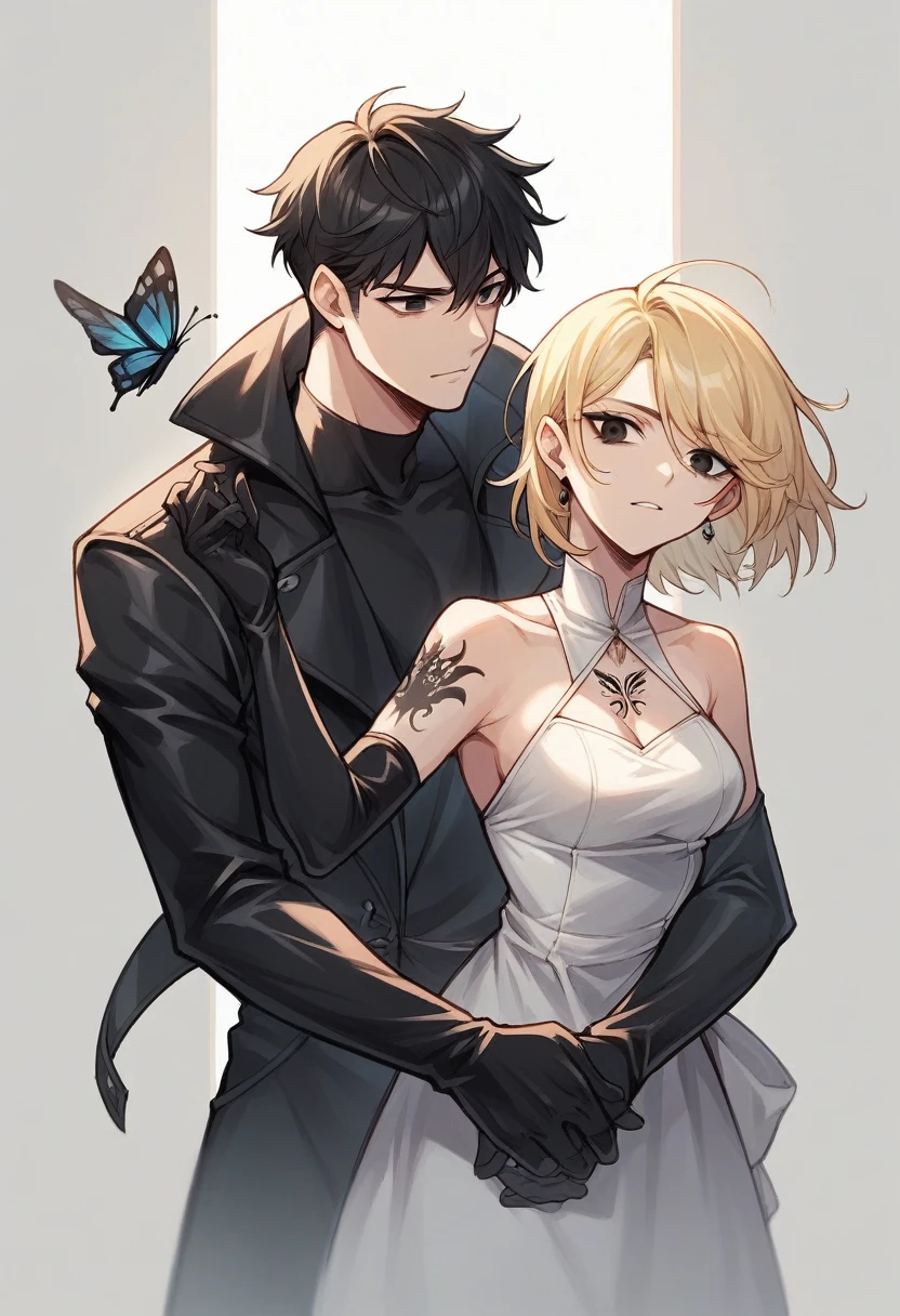 1 blonde girl with dark eyes wearing a short white dress, has a tattoo on her neck of a black butterfly She is with a boy with black hair and black eyes, tatuados, and wearing black clothes with a leather jacket, he is holding a black mask in his hand 