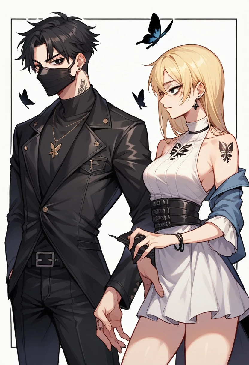1 blonde girl with dark eyes wearing a short white dress, has a tattoo on her neck of a black butterfly She is with a boy with black hair and black eyes, tatuados, and wearing black clothes with a leather jacket, he is holding a black mask in his hand