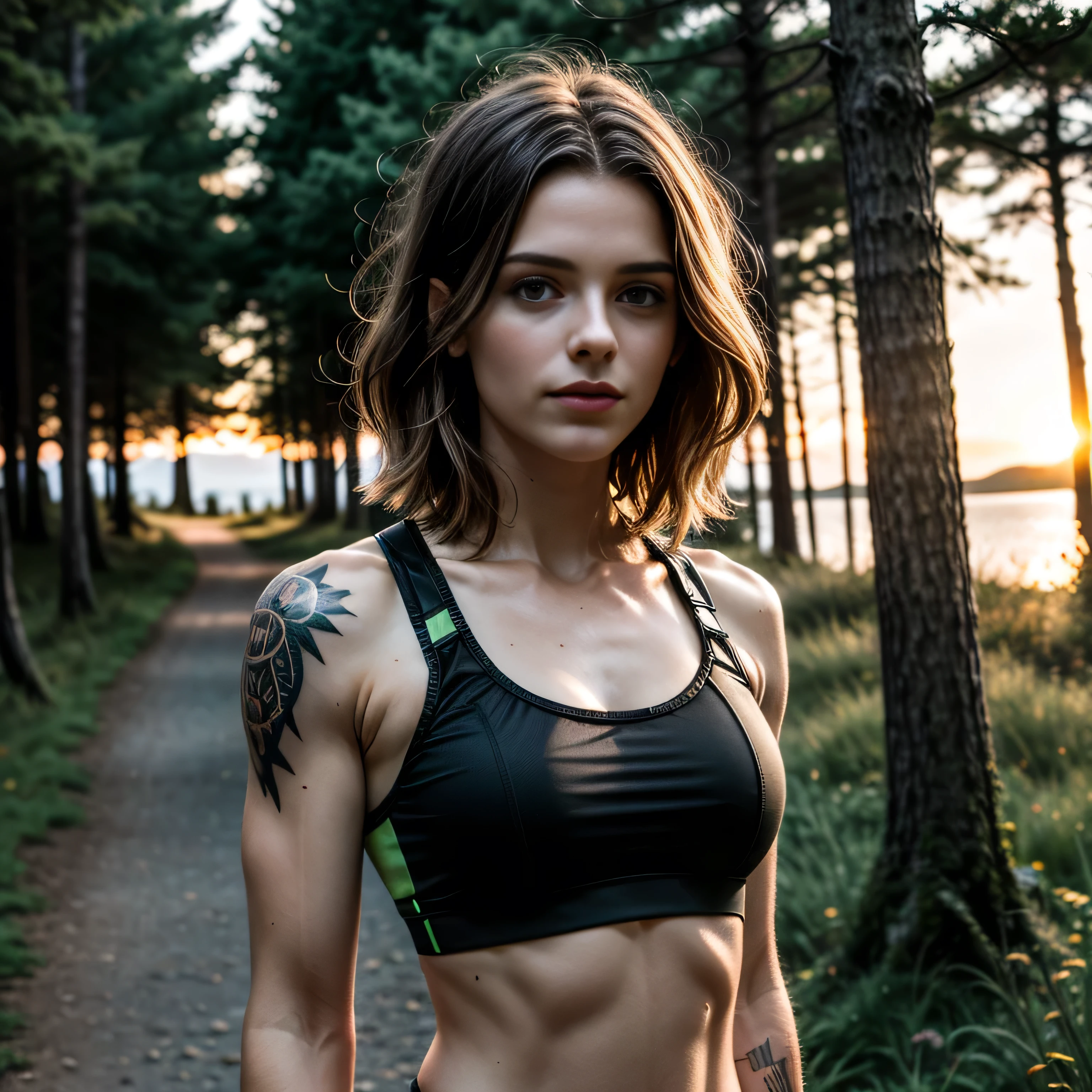 (masterpiece), (extremely intricate:1.3), (realistic), muscular girl, ((black sportsbra, short undercut [blonde hair:dark hair:0.2], [flat chest:large breasts:0.3], upper body, ((upper torso))), tattoo:1.2), ((outdoors, path through woods near lake, intense sunlight, far away castle)), professional photograph, sharp focus, dramatic, award winning, cinematic lighting, volumetrics dtx, (film grain, blurry background, blurry foreground, bokeh, depth of field, sunset, interaction), 8K