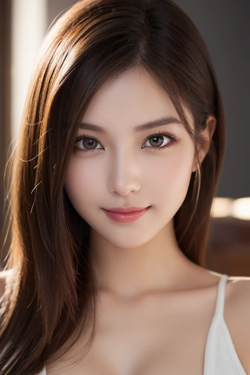 masterpiece, Best Quality, (hyper realisitic:1.4), (Smooth lighting:1.05), Ultra-detailed, finely detail, hight resolution, 8K Wallpaper, Perfect dynamic composition, Beautiful detailed eyes, Beautiful Women with Perfect Figure: 1.4, Slender Abs: 1.2, large breasts, natural color lip, Long straight Hair, Highly Detailed Face and Skin Texture, 20 years girl, Perfect and beautiful face, Sexy shot looking at camera, smile, bed