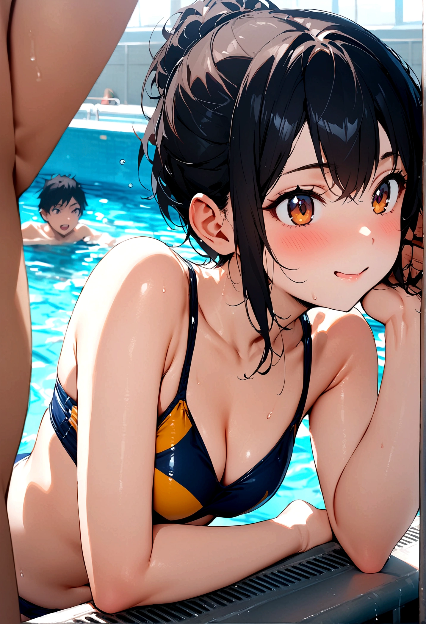 Highest quality,masterpiece,Black Hair,Classmate,School swimming pool,Teasing and teasing the boys,Friendly,Sexy Swimwear,Nearly naked,