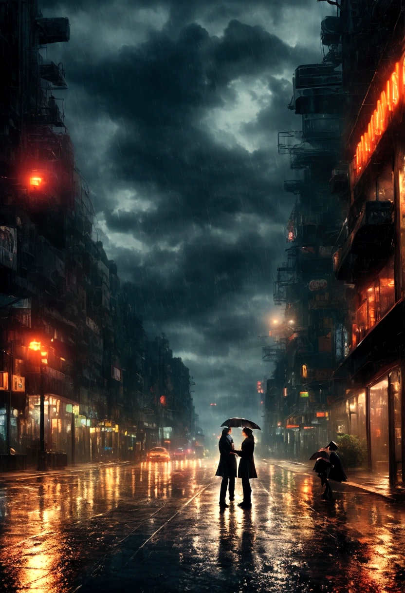 Cinematic scene of a couple standing close together in the rain in a neon-lit city at night. The couple is having a tender moment, Put your forehead together、close your eyes. In the background, blurred city lights and wet roads highlight neon signs。. The atmosphere is moody and romantic, Raindrops falling all around. High detail, Realistic lighting, Soft Focus.