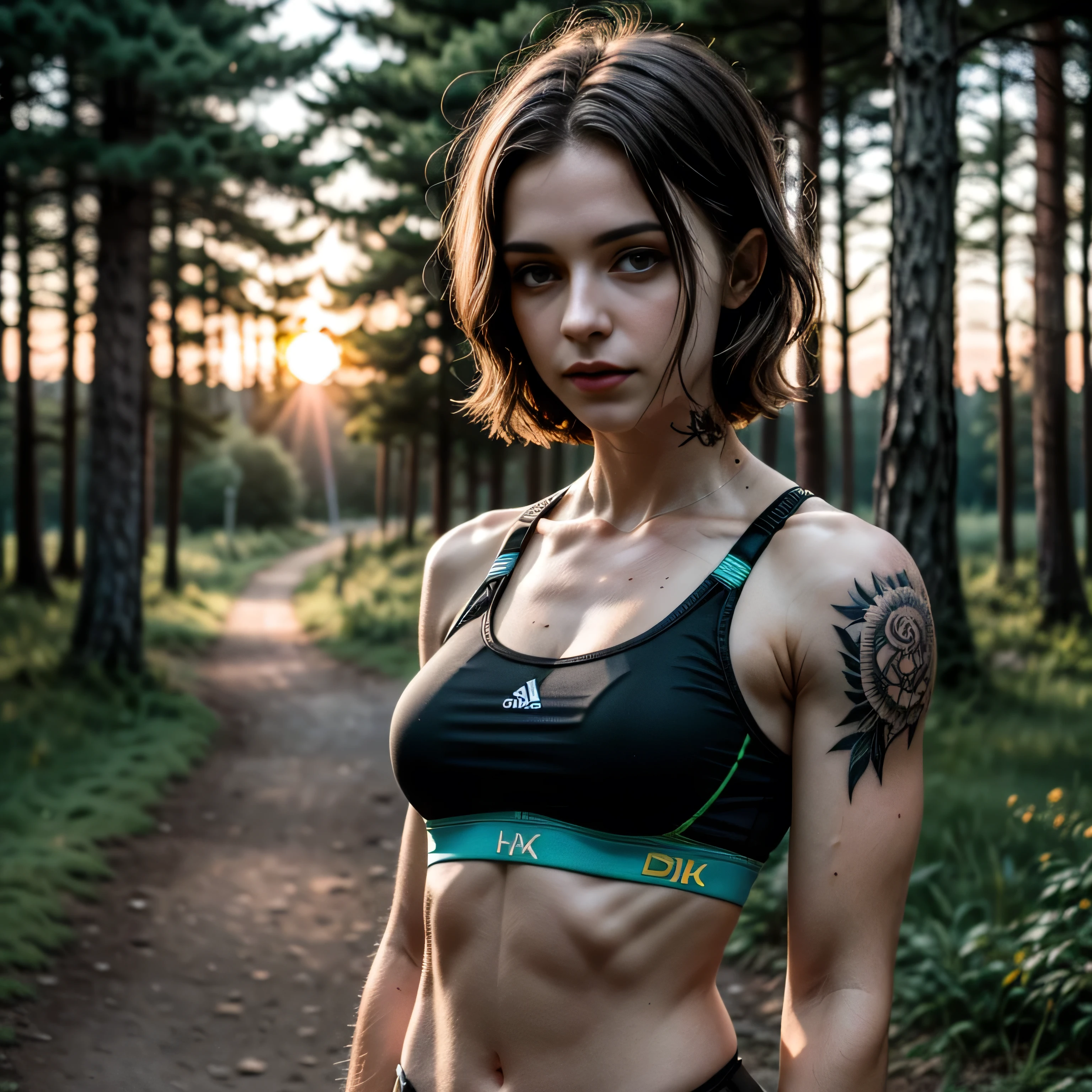 (masterpiece), (extremely intricate:1.3), (realistic), muscular girl, ((black sportsbra, short undercut [blonde hair:dark hair:0.2], [flat chest:large breasts:0.3], upper body, ((upper torso))), tattoo:1.2), ((outdoors, path through woods near lake, intense sunlight, far away castle)), professional photograph, sharp focus, dramatic, award winning, cinematic lighting, volumetrics dtx, (film grain, blurry background, blurry foreground, bokeh, depth of field, sunset, interaction), 8K