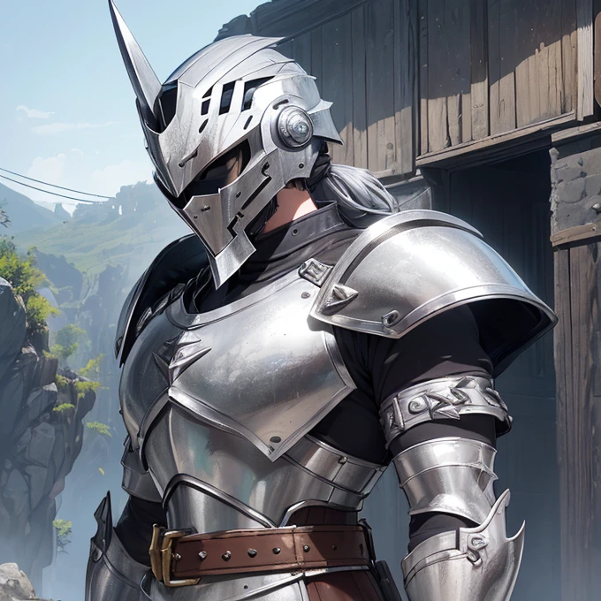 (absurdres, best high quality image, carefuly detailed features and textures, very detailed image, solo character alone, full character body and design): {{(1character: adult male human foot knight), (face under the helmet visor), (corintian styled steel silver helmet with golden trims, silver grey helmet's ponytail, huge bulky and prominent silver shoulder plates, bulky silver chest plate, silver steel elbow plates, silver steel gauntlets, silver steel armored hips, golden belt, silver steel boots, big silver broad sword with long sharped blade), (imponent pose,), (green hill plain, sunny blue sky)}}