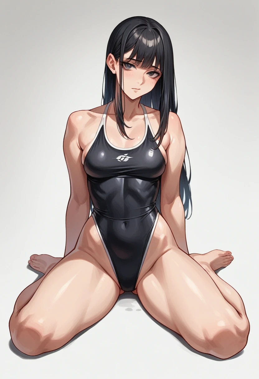 masterpiece,Highest quality,High resolution,shape,Very detailed,8K ,Super adopted, Super detailed girls, Ultra-fine illustrations, break, (Sexy pose:1.4), (View your viewers), whole body, Perfect female body, high school student, One Girl,Long black hair, Black oversized swimsuit,White background,medium chest circumference,Sitting on the floor with legs crossed