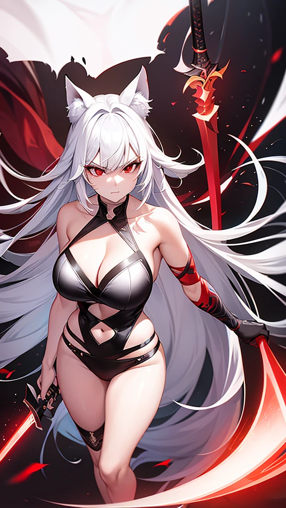 An adult woman, half fox and wolf, white hair, red eyes, wide , very angry, standing, in a bikini, holding a sword