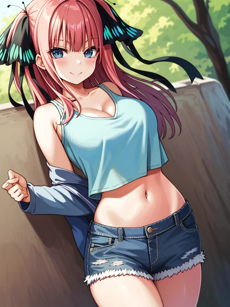 2d, masterpiece, best quality, anime, highly detailed, 1girl, solo, cowboy shot, nakano nino, pink hair, butterfly hair ornament, crop top , cleavage, Denim short shorts , large breasts, standing, school, outdoors, smile