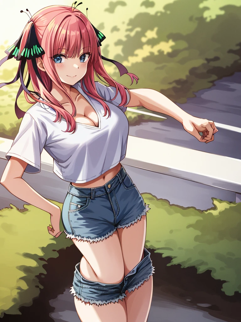 2d, masterpiece, best quality, anime, highly detailed, 1girl, solo, cowboy shot, nakano nino, pink hair, butterfly hair ornament, crop top , cleavage, Denim short shorts , large breasts, standing, school, outdoors, smile