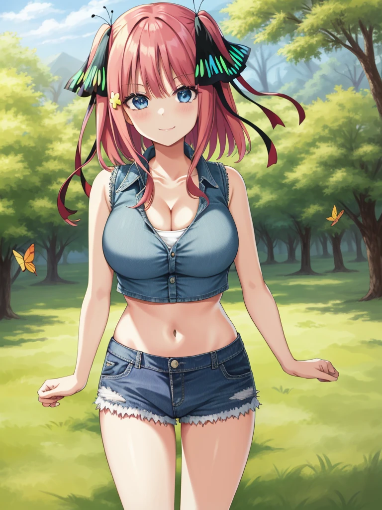 2d, masterpiece, best quality, anime, highly detailed, 1girl, solo, cowboy shot, nakano nino, pink hair, butterfly hair ornament, crop top , cleavage, Denim short shorts , large breasts, standing, school, outdoors, smile