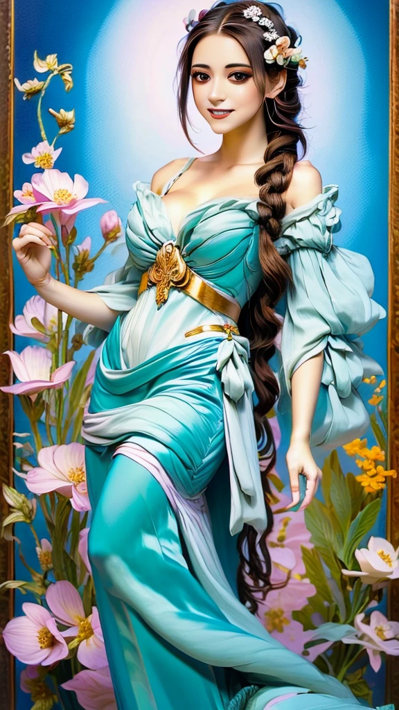An ultrafine detailed watercolor painting of a gorgeous woman with flowers in her hair, in the style of Alphonse Maria Mucha and Gustav Kilmt, art nouveau accents, fairy princess, anthropomorphic female, female figure, detailed cover artwork, as the goddess of the flowers, Alphonse Mucha, Gustav Klimt, pale bluish skin, a marble sculpture, cgsociety, gothic art, art nouveau, behance contest winner