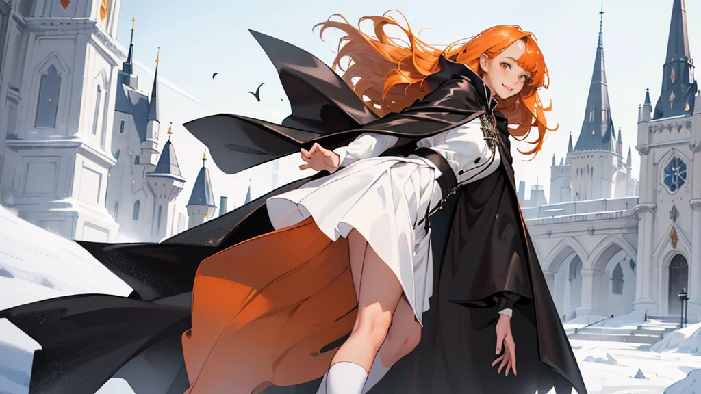 (girl), masterpiece, ultra detailed, 8K Portrait, Raw photo, woman's portrait photography, full body, Highly detailed face, mischievous childish smile, blush, ((Fantasy)), ((young)), 17 years old, 160cm, (((student))), ((tanned skin)), (((dark orange colored long straight hair))), (((blunt bangs))), hair ornament, (((black silk long cloak))) Fluttering in the wind, (high school dark white uniform:1.5), Plaid short skirt, Midday sun, Hyper realistic, Slender body, by the snowy castle, Ambient lighting, Shadow details, Camera focus on face, strong breeze, Light fog, from side,