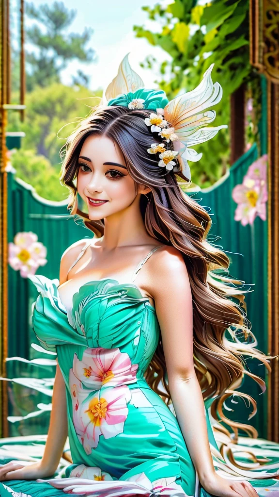 An ultrafine detailed watercolor painting of a gorgeous woman with flowers in her hair, in the style of Alphonse Maria Mucha and Gustav Kilmt, art nouveau accents, fairy princess, anthropomorphic female, female figure, detailed cover artwork, as the goddess of the flowers, Alphonse Mucha, Gustav Klimt, pale bluish skin, a marble sculpture, cgsociety, gothic art, art nouveau, behance contest winner