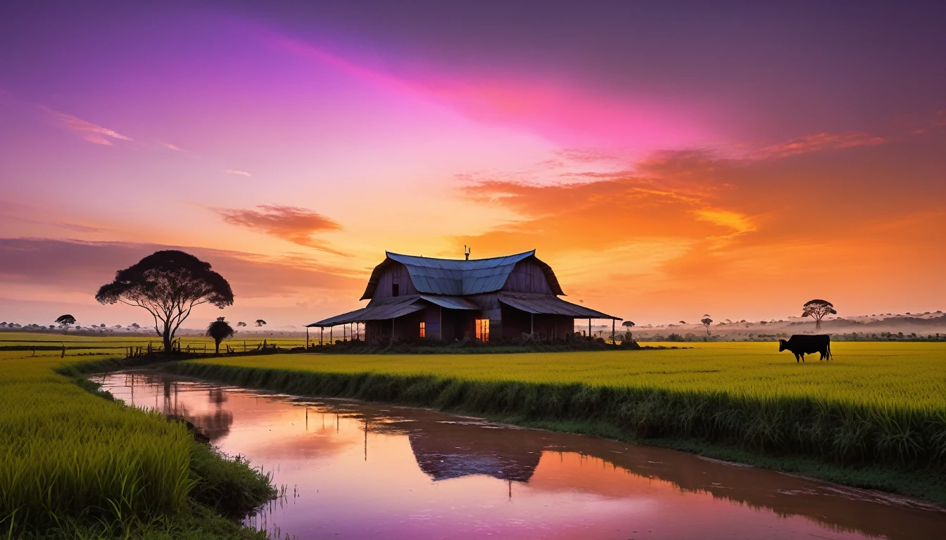 A beautiful Brazilian farm at sunset, with vibrant and soft colors reminiscent of 'Star Wars: The Force Awakens' poster. The sky painted in hues of orange, pink, and purple, casting a warm glow over the vast farmland. The silhouette of a traditional farmhouse, with rustic wooden fences and a few grazing cattle. The scene is peaceful and nostalgic, capturing the essence of a tranquil evening in the countryside. Elements of sci-fi subtly blended into the natural landscape, inspired by the visual aesthetics of Star Wars, particularly the serene yet otherworldly atmosphere. The image should evoke a sense of homage and remembrance, reflecting the legacy of a beloved farmer.