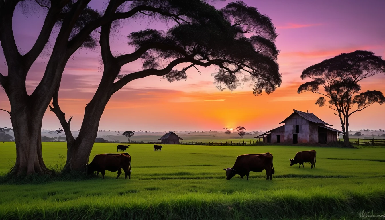 A beautiful Brazilian farm at sunset, with vibrant and soft colors reminiscent of 'Star Wars: The Force Awakens' poster. The sky painted in hues of orange, pink, and purple, casting a warm glow over the vast farmland. The silhouette of a traditional farmhouse, with rustic wooden fences and a few grazing cattle. The scene is peaceful and nostalgic, capturing the essence of a tranquil evening in the countryside. Elements of sci-fi subtly blended into the natural landscape, inspired by the visual aesthetics of Star Wars, particularly the serene yet otherworldly atmosphere. The image should evoke a sense of homage and remembrance, reflecting the legacy of a beloved farmer.