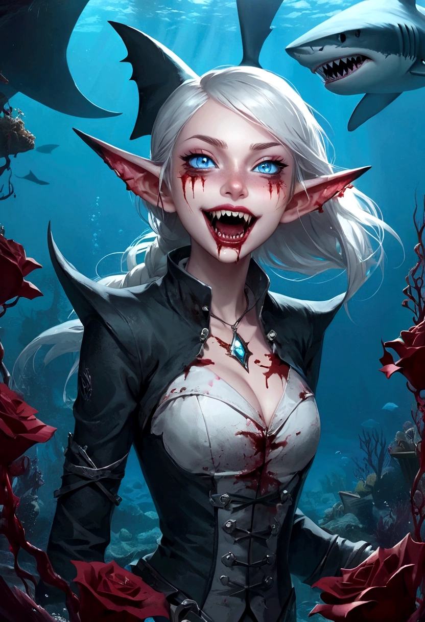Fantasy Undersea,Shark Elf Girl,blue eyes,Sharp Fangs,Shark fin feature on back,look back,Blood stains at the corners of mouth,fierce,Gothic Art,Dark Wind,Dilapidated cabin of a sunken ship