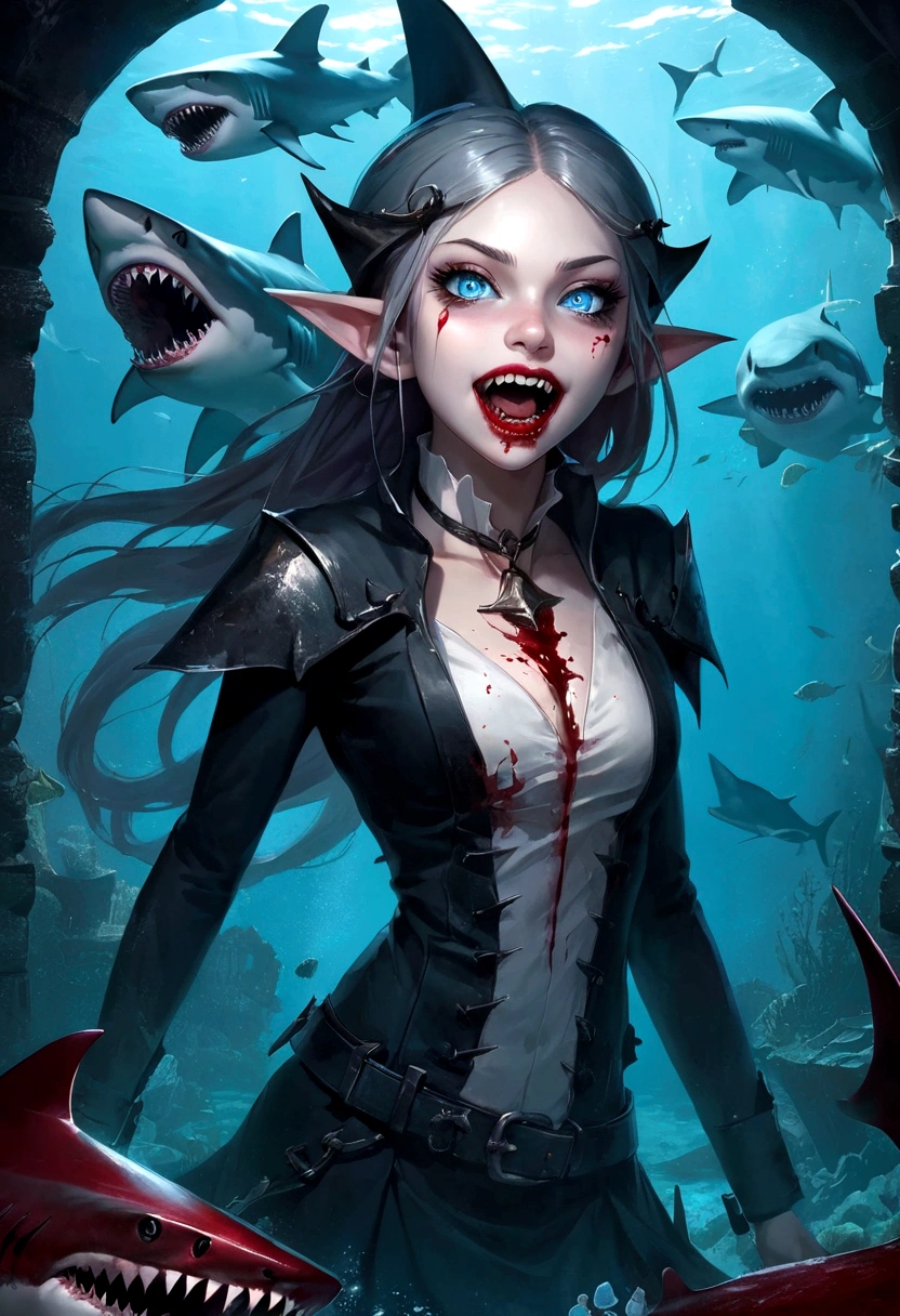 Fantasy Undersea,Shark Elf Girl,blue eyes,Sharp Fangs,Shark fin feature on back,look back,Blood stains at the corners of mouth,fierce,Gothic Art,Dark Wind,Dilapidated cabin of a sunken ship