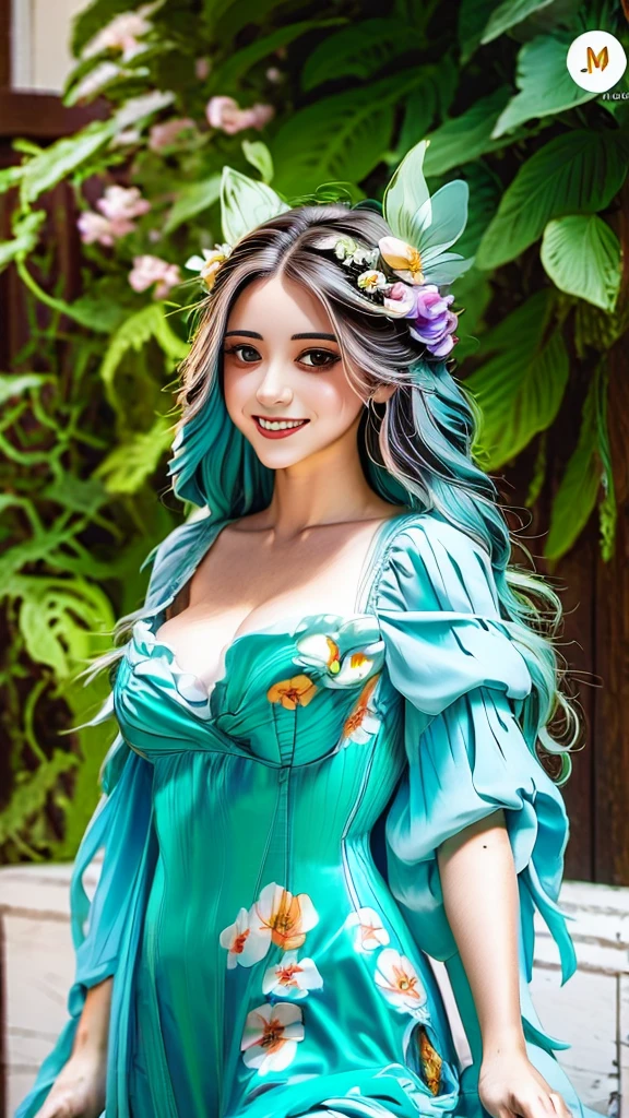 An ultrafine detailed watercolor painting of a gorgeous woman with flowers in her hair, in the style of Alphonse Maria Mucha and Gustav Kilmt, art nouveau accents, fairy princess, anthropomorphic female, female figure, detailed cover artwork, as the goddess of the flowers, Alphonse Mucha, Gustav Klimt, pale bluish skin, a marble sculpture, cgsociety, gothic art, art nouveau, behance contest winner