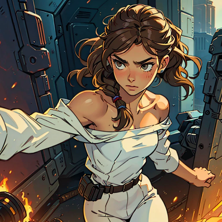 (Caucasian teenager), 18 years old, hazel eyes, (wavy brown hair), (hair tied back), medium hair, small breasts. She wears a white, off-the-shoulder sci-fi suit, bare shoulders, solo, fighting