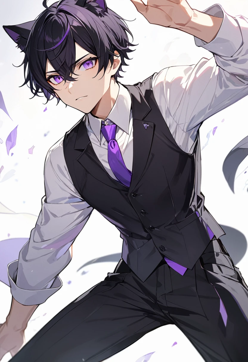1man, short black hair, black cat ears, bright purple eyes, wearing a black vest, wearing a white undershirt, wearing a purple tie, wearing black pants