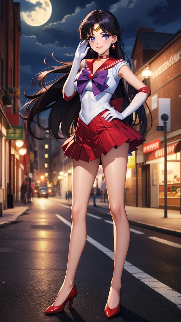 masterpiece, best quality, highres, absurdres, ultra detailed, pretty eyes,
sama1, tiara, sailor senshi uniform, white gloves, red sailor collar, red skirt, star choker, elbow gloves, pleated skirt, bare legs, purple bow
blowing kiss, cowboy shot, night, outdoors, moon, smile, city, full body, standing, hands down
