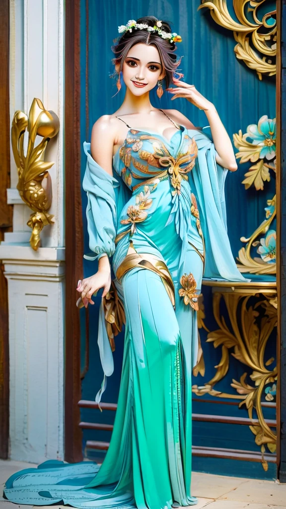 An ultrafine detailed watercolor painting of a gorgeous woman with flowers in her hair, in the style of Alphonse Maria Mucha and Gustav Kilmt, art nouveau accents, fairy princess, anthropomorphic female, female figure, detailed cover artwork, as the goddess of the flowers, Alphonse Mucha, Gustav Klimt, pale bluish skin, a marble sculpture, cgsociety, gothic art, art nouveau, behance contest winner