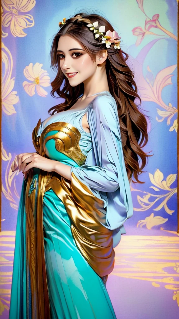 An ultrafine detailed watercolor painting of a gorgeous woman with flowers in her hair, in the style of Alphonse Maria Mucha and Gustav Kilmt, art nouveau accents, fairy princess, anthropomorphic female, female figure, detailed cover artwork, as the goddess of the flowers, Alphonse Mucha, Gustav Klimt, pale bluish skin, a marble sculpture, cgsociety, gothic art, art nouveau, behance contest winner