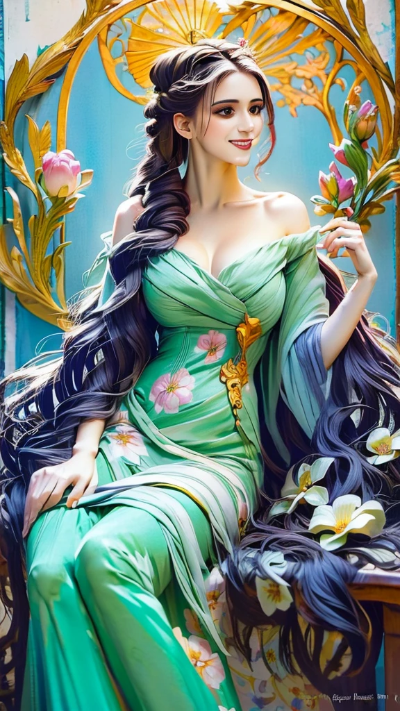 An ultrafine detailed watercolor painting of a gorgeous woman with flowers in her hair, in the style of Alphonse Maria Mucha and Gustav Kilmt, art nouveau accents, fairy princess, anthropomorphic female, female figure, detailed cover artwork, as the goddess of the flowers, Alphonse Mucha, Gustav Klimt, pale bluish skin, a marble sculpture, cgsociety, gothic art, art nouveau, behance contest winner