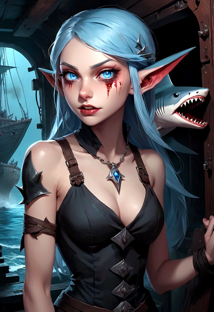 A fantasy shark-elf girl with blue eyes, sharp fangs, and a shark fin feature on her back, looking back with a hint of blood on the corners of her mouth, exuding a  and grim expression, set against the backdrop of a decrepit, sunken ship's cabin, in a dark gothic art style
