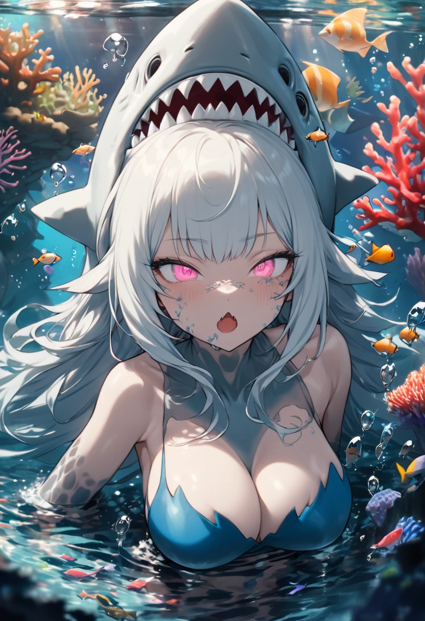 Highest quality, Super quality, 16K, Incredibly absurd, Very detailed, 2.5D, delicate and dynamic, aquarium, Large sink, Colorful Coral, Small faint light and small fish, Shark Woman, In the water, under the sea, , , , Small face, Extremely delicate facial expression, Delicate eye depiction, Upper body close-up, erotic, Shark Woman, A shark in human form, shark monster girl, sole sexy shark, huge firm bouncing busts,