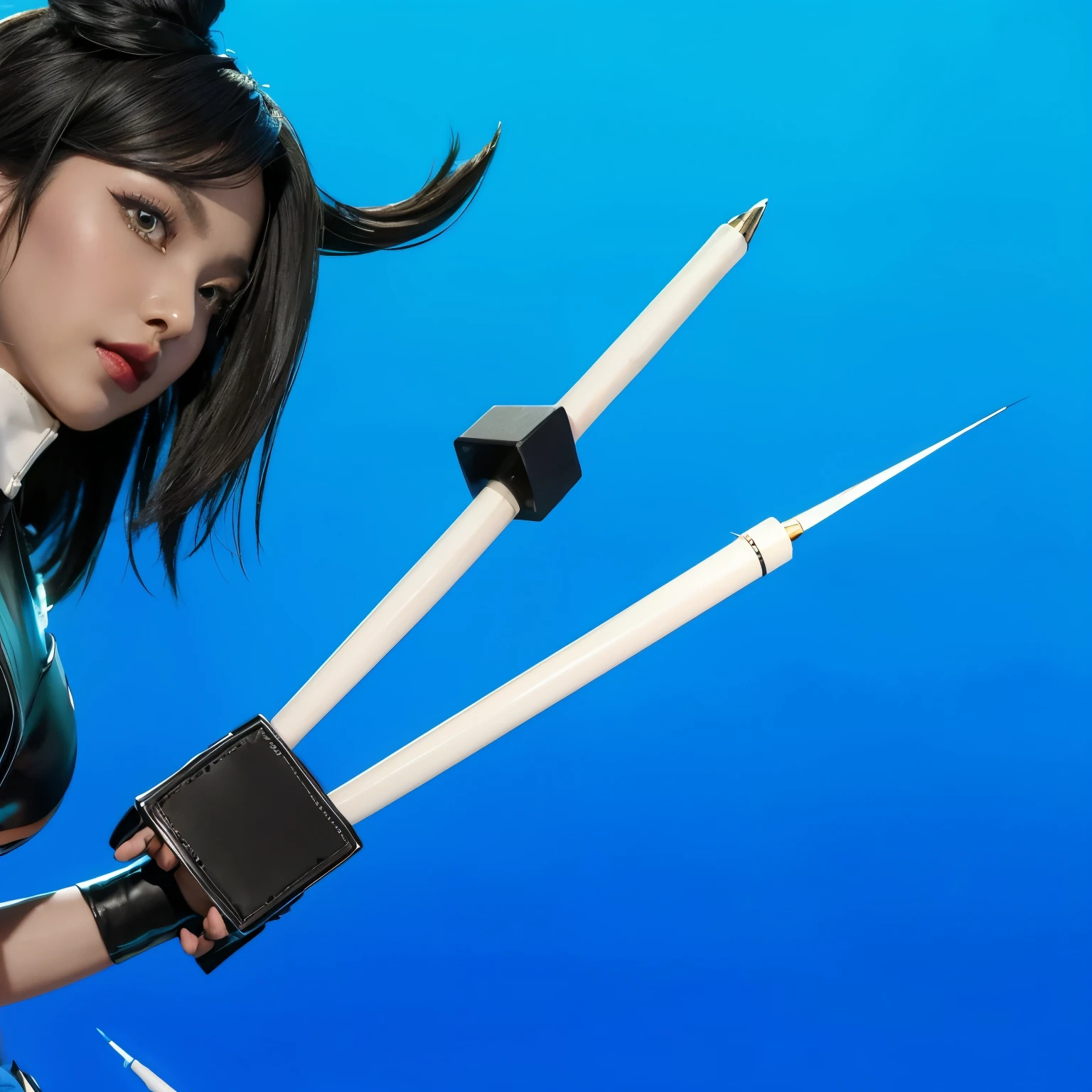 This image captures the striking beauty of an Asian female character, emphasizing her glossy, satin-like gray skin and the intricate details of her face and hair. Her long, black hair is styled dramatically with sharp, upward spikes that add an edgy aesthetic, complementing her fierce expression. Her makeup is meticulously applied, featuring dark, bold eye makeup and black lipstick that highlight her facial features, enhancing her overall stunning appearance. She wears a sleek black top with a high collar and white cuffs, matched with stylized white gloves adorned with intricate black designs, possibly tattoos, which merge seamlessly with the metallic and chrome elements in her attire. These reflective metallic details add a futuristic touch to her outfit, blending beautifully with the vivid blue background that contrasts sharply with her hair and skin tone, drawing attention to her dynamic pose and the surreal flying objects around her, which resemble stylized missiles or pens.