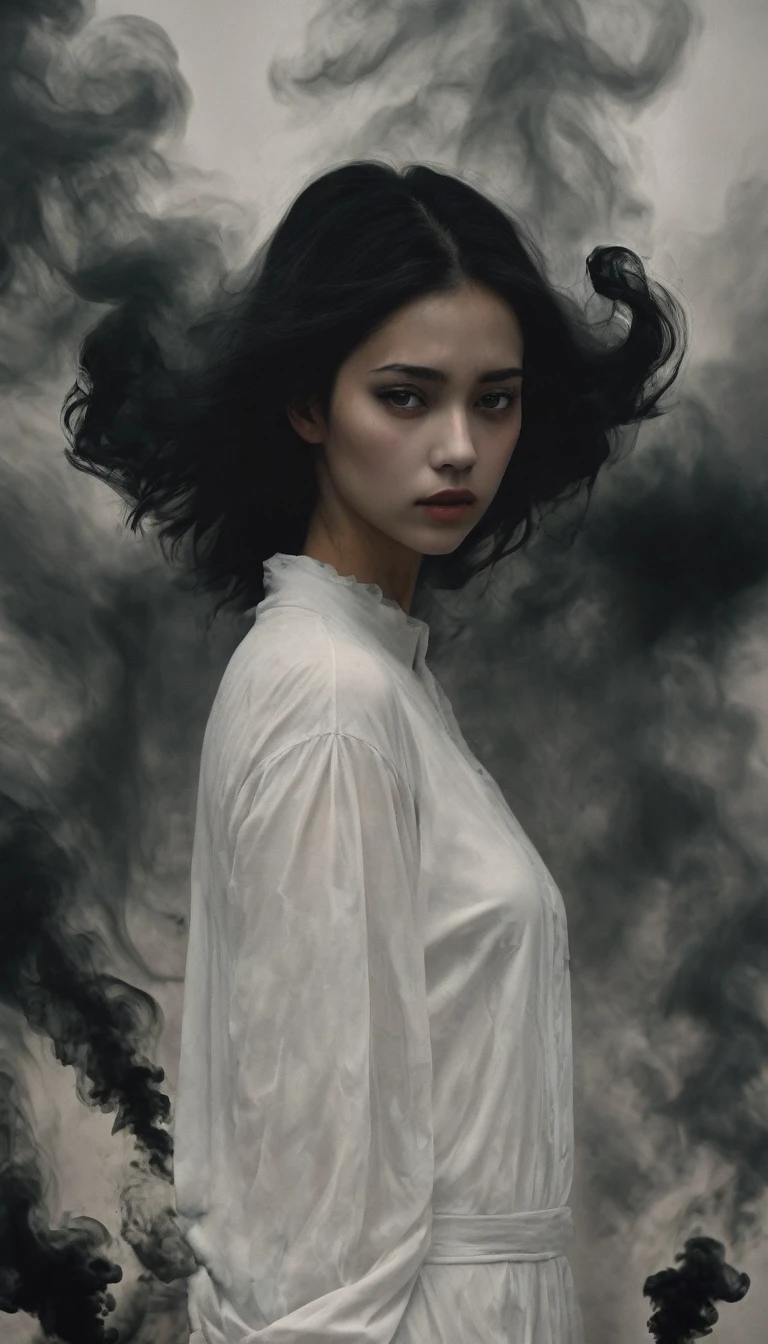 bailing_darkness，a girl made of black smoke，1girl，beautiful face，((Best quality)), ((Masterpiece)), ((Realistic)), solo