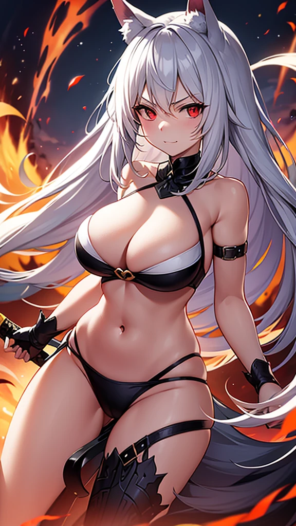 An adult woman, half fox and wolf, white hair, red eyes, wide breasts, very angry, standing, in a bikini, holding a sword