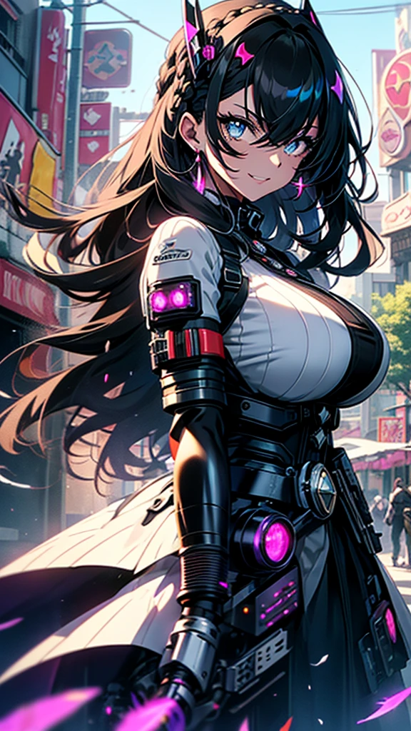 best quality, extremely detailed, anime style adult 1girl, long hair down to the waist, straight hair, ((dark black hair with bluish)),crown braid,beautiful detailed eyes, pinched eyes, dark blue eyes, huge breasts,curvy,(((white main black cyberpunk and magical dress))),longskirt,((feather accessory)),magical girl,light smile,((amusement park)),animation cap,animated gif,in precure style